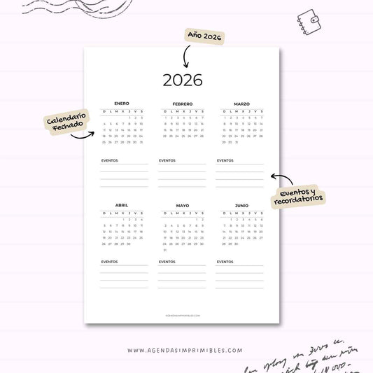 Calendario 2026 Anual Doble con Notas
