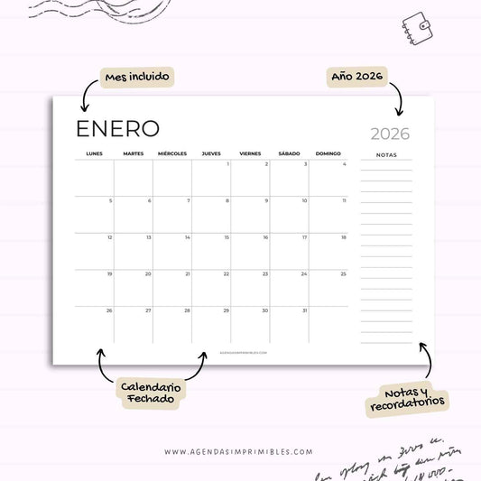Calendario 2026 Mensual Horizontal