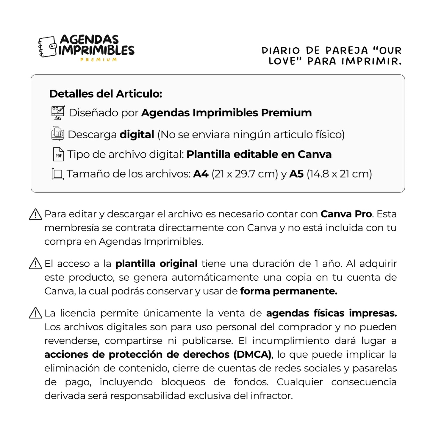 Diario de pareja “Our Love” para imprimir.