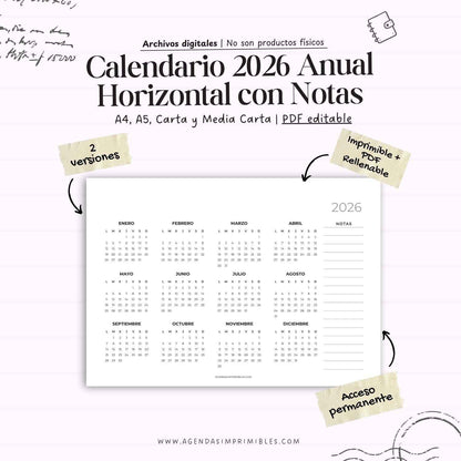 Calendario 2026 Anual Horizontal con Notas
