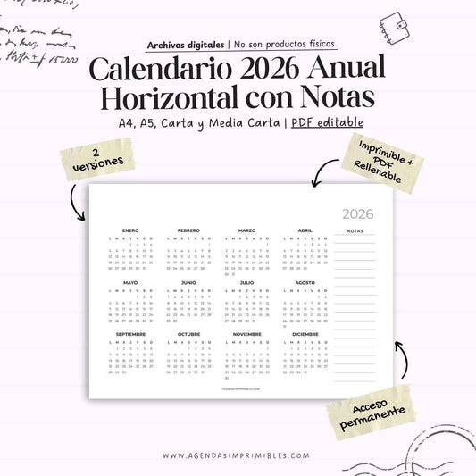 Calendario 2026 Anual Horizontal con Notas