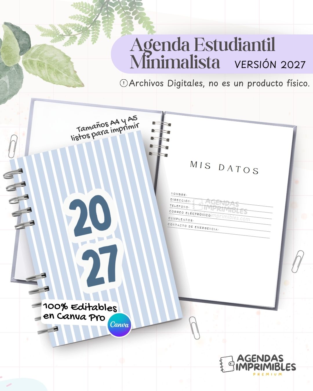 Agenda Estudiantil Minimalista 2027 - Archivo Imprimible - imagen 1