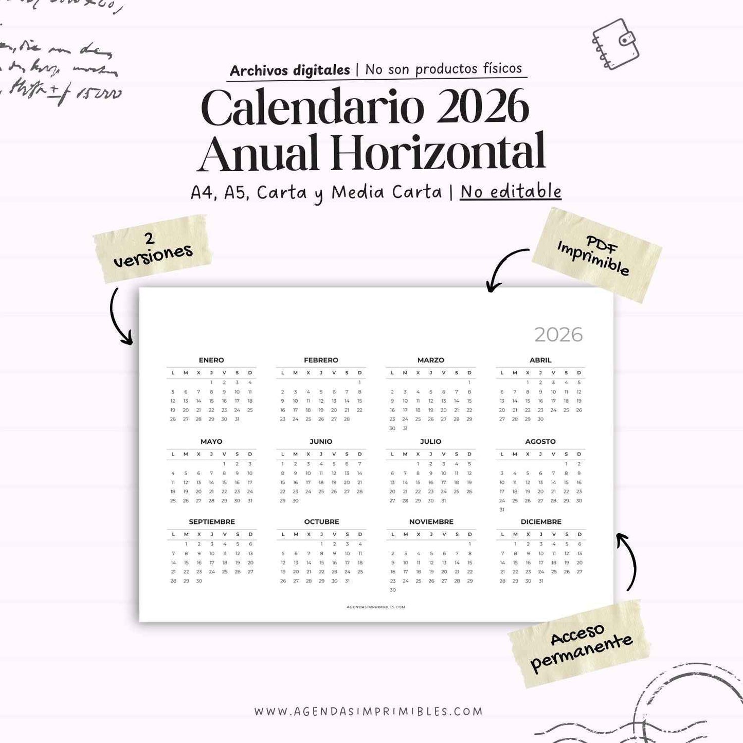 Calendario 2026 Anual Horizontal