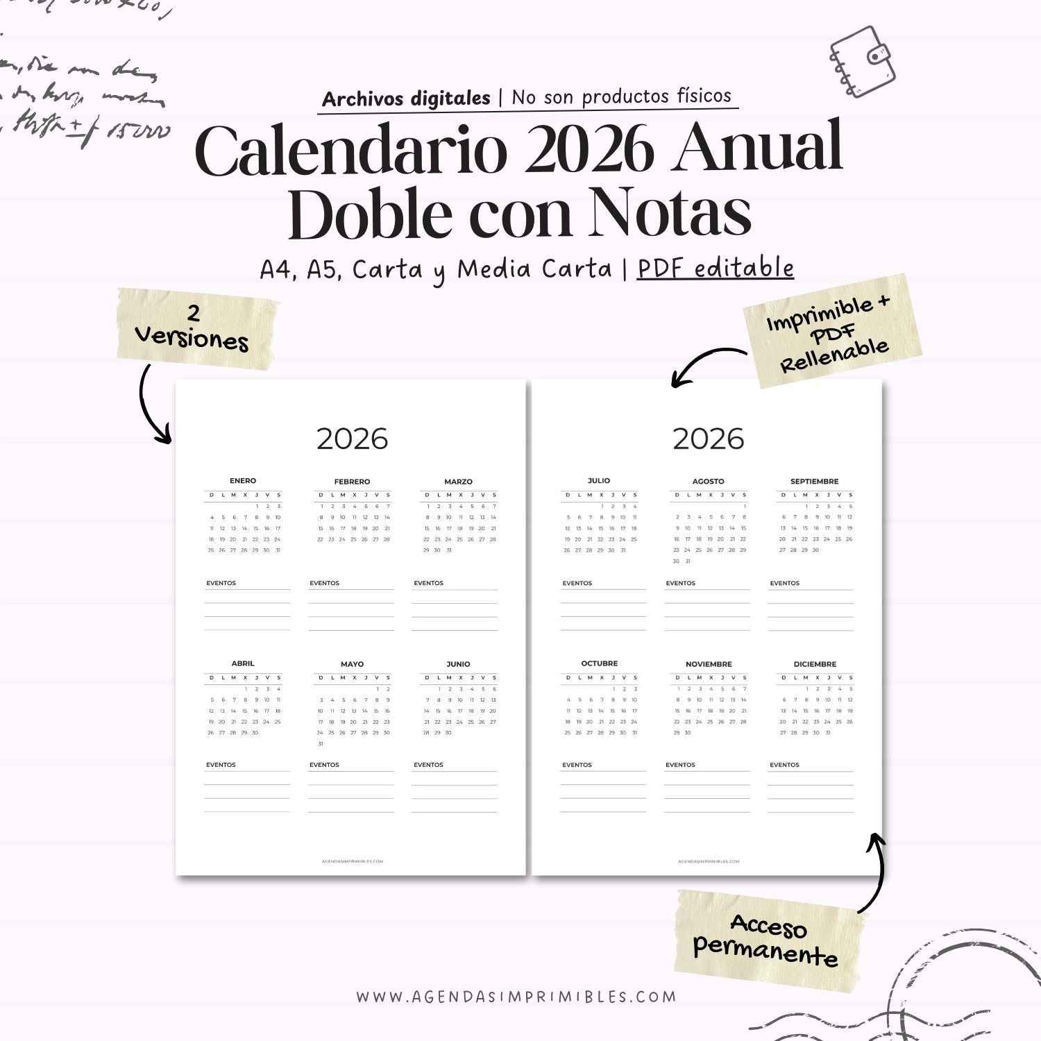Calendario 2026 Anual Doble con Notas