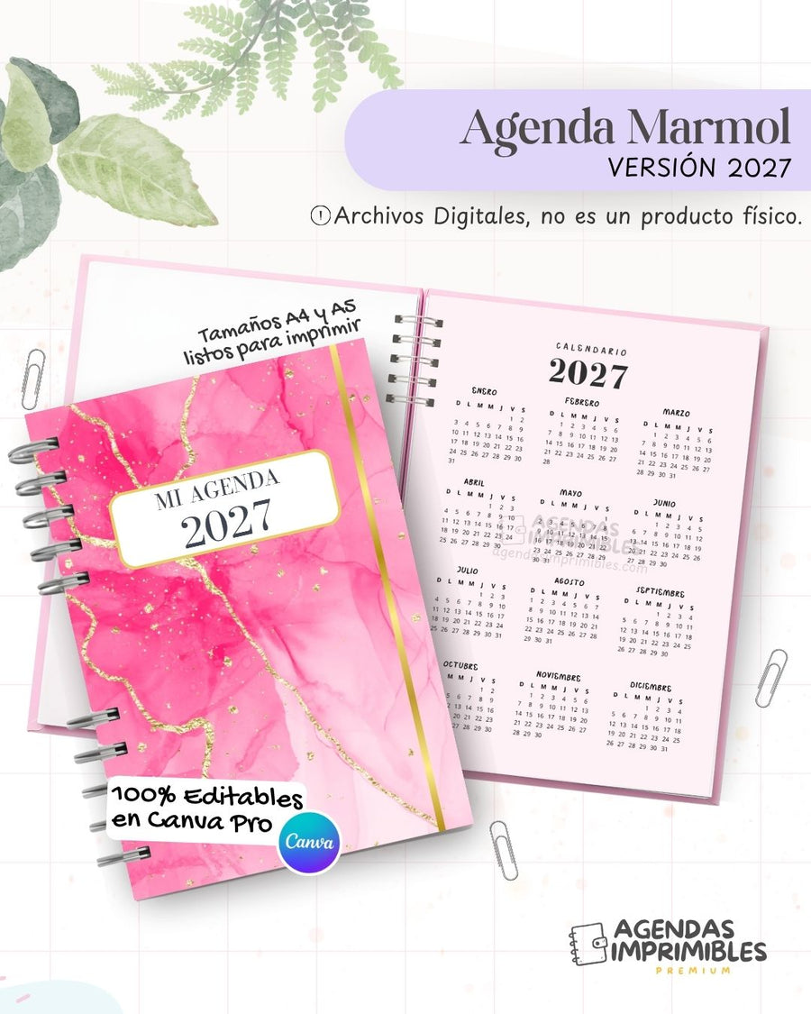 Agenda Mármol Rosa 2027 - Archivo Imprimible