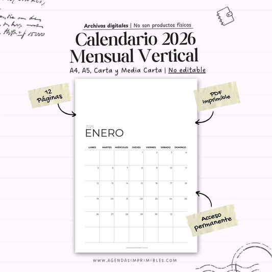 Calendario 2026 Mensual Vertical