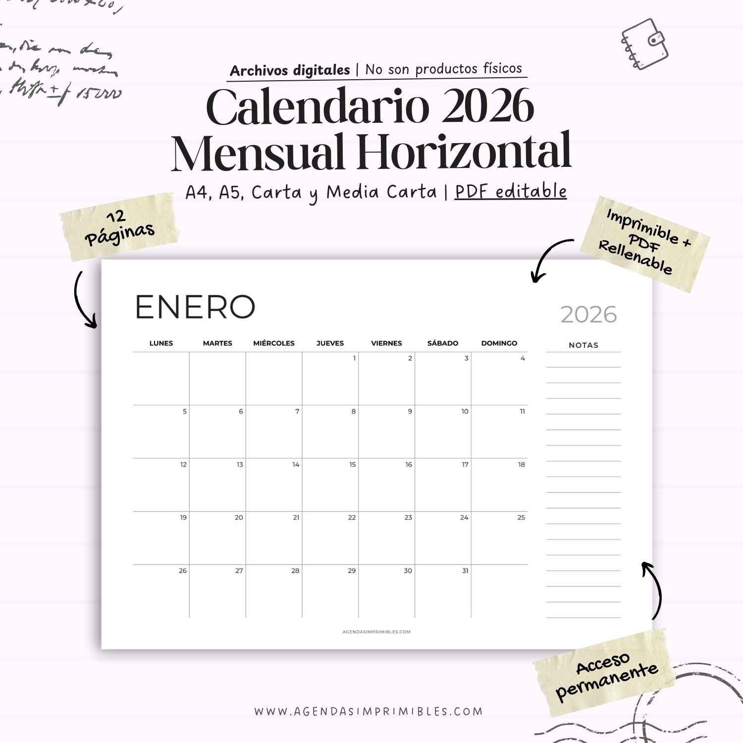 Calendario 2026 Mensual Horizontal