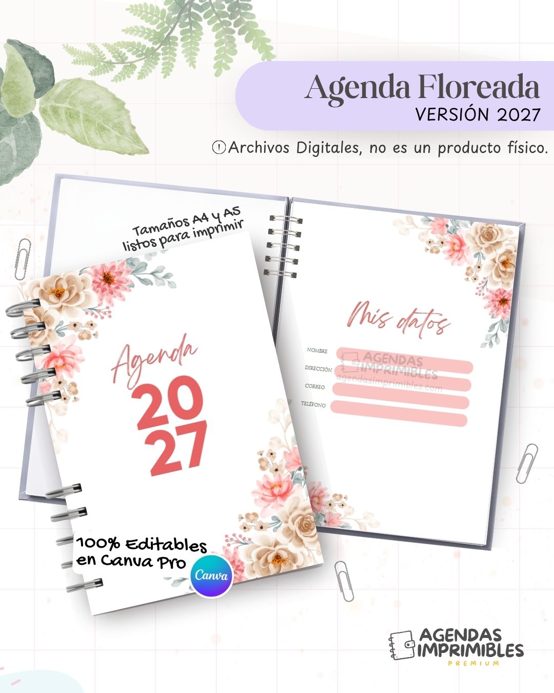 Agenda Floreada Esencial 2027 - Archivo Imprimible - imagen 1
