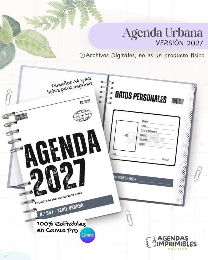 Agenda Urbana imprimible 2027 editable en Canva