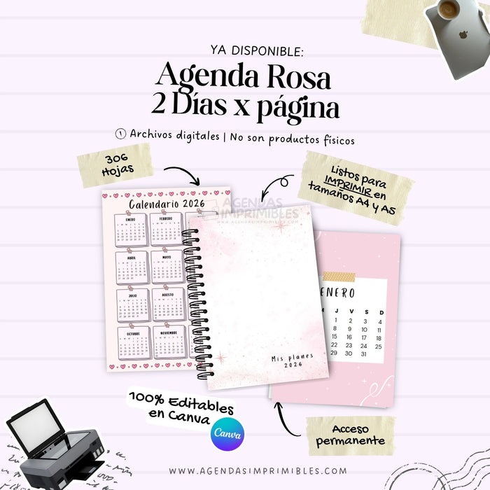 Agenda Rosa 2 Días x Página | 2026