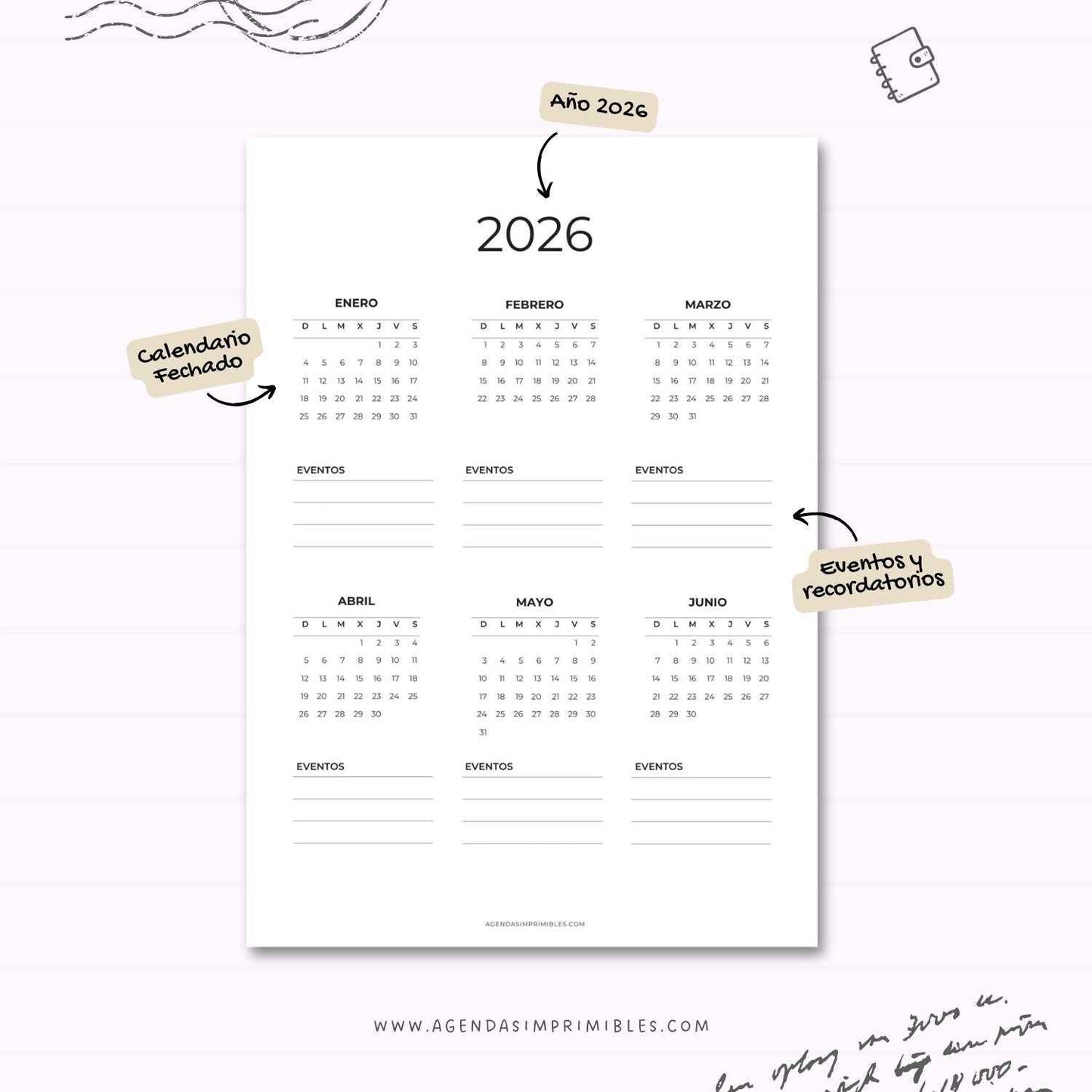 Calendario 2026 Anual Doble con Notas