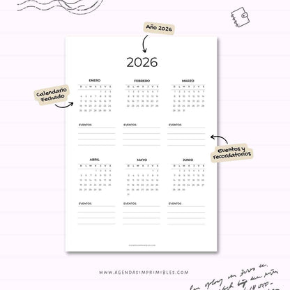 Calendario 2026 Anual Doble con Notas