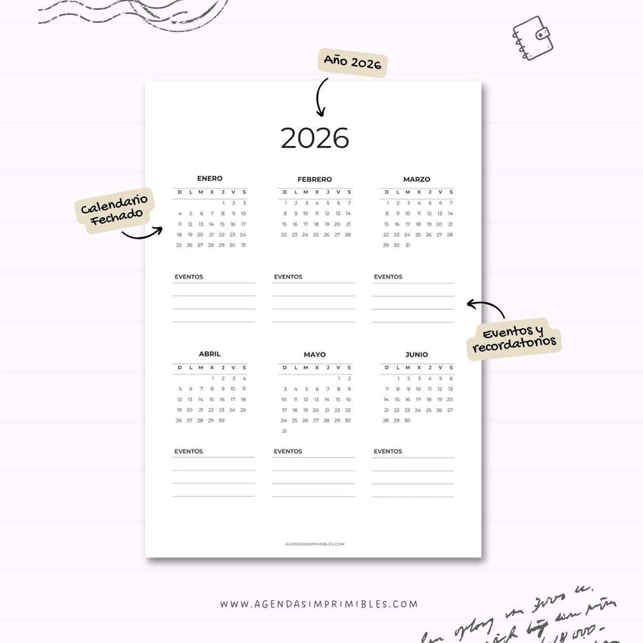 Calendario 2026 Anual Doble con Notas