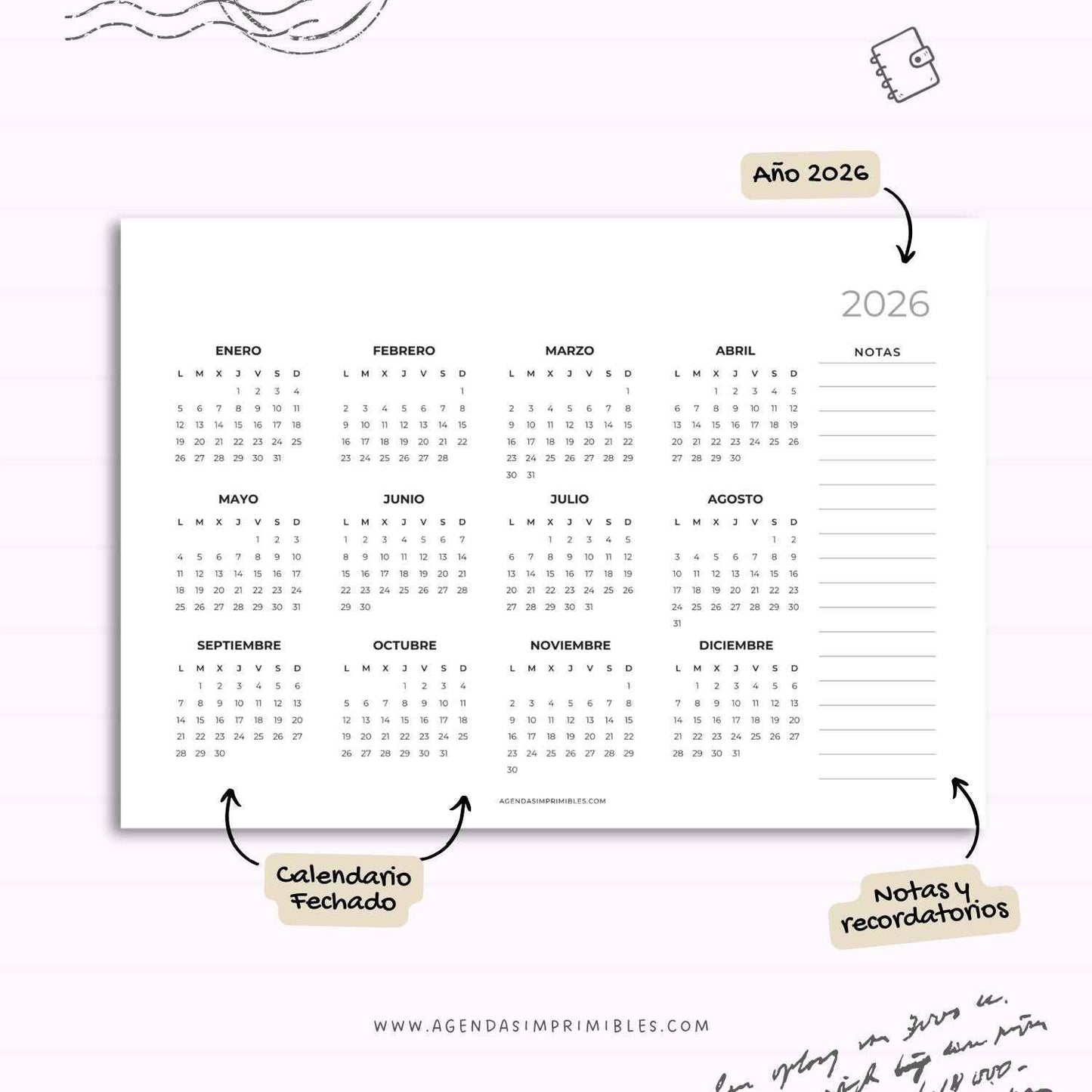 Calendario 2026 Anual Horizontal con Notas