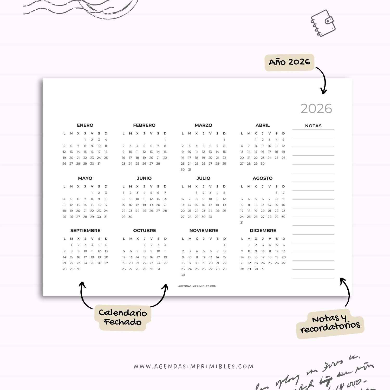 Calendario 2026 Anual Horizontal con Notas