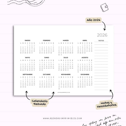 Calendario 2026 Anual Horizontal con Notas