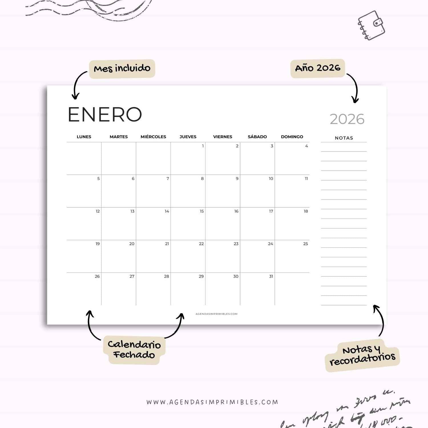 Calendario 2026 Mensual Horizontal