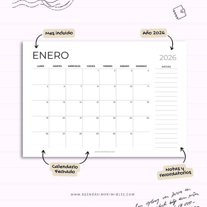 Calendario 2026 Mensual Horizontal