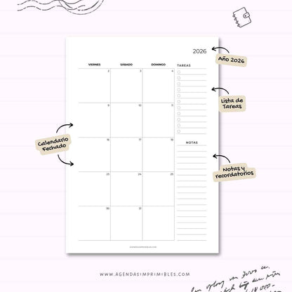 Calendario Mensual 2026 Doble