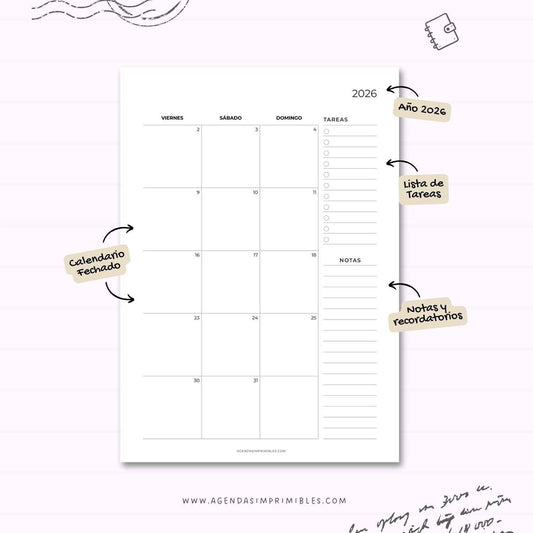 Calendario Mensual 2026 Doble