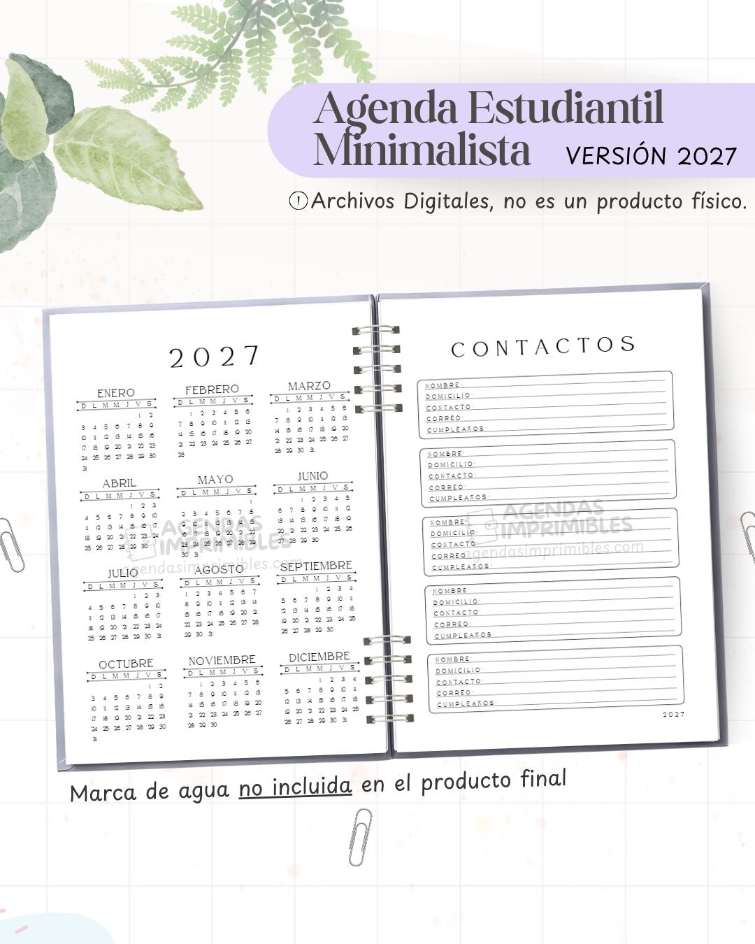 Agenda Estudiantil Minimalista 2027 - Archivo Imprimible - imagen 3