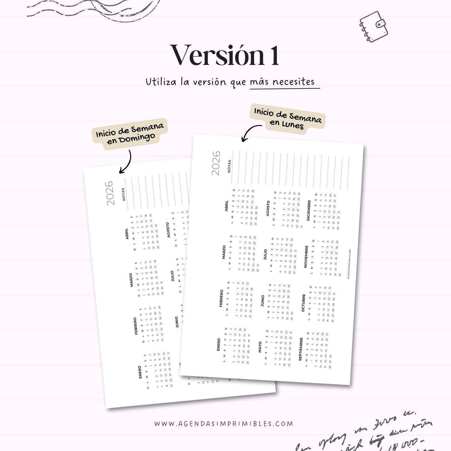 Calendario 2026 Anual Horizontal con Notas