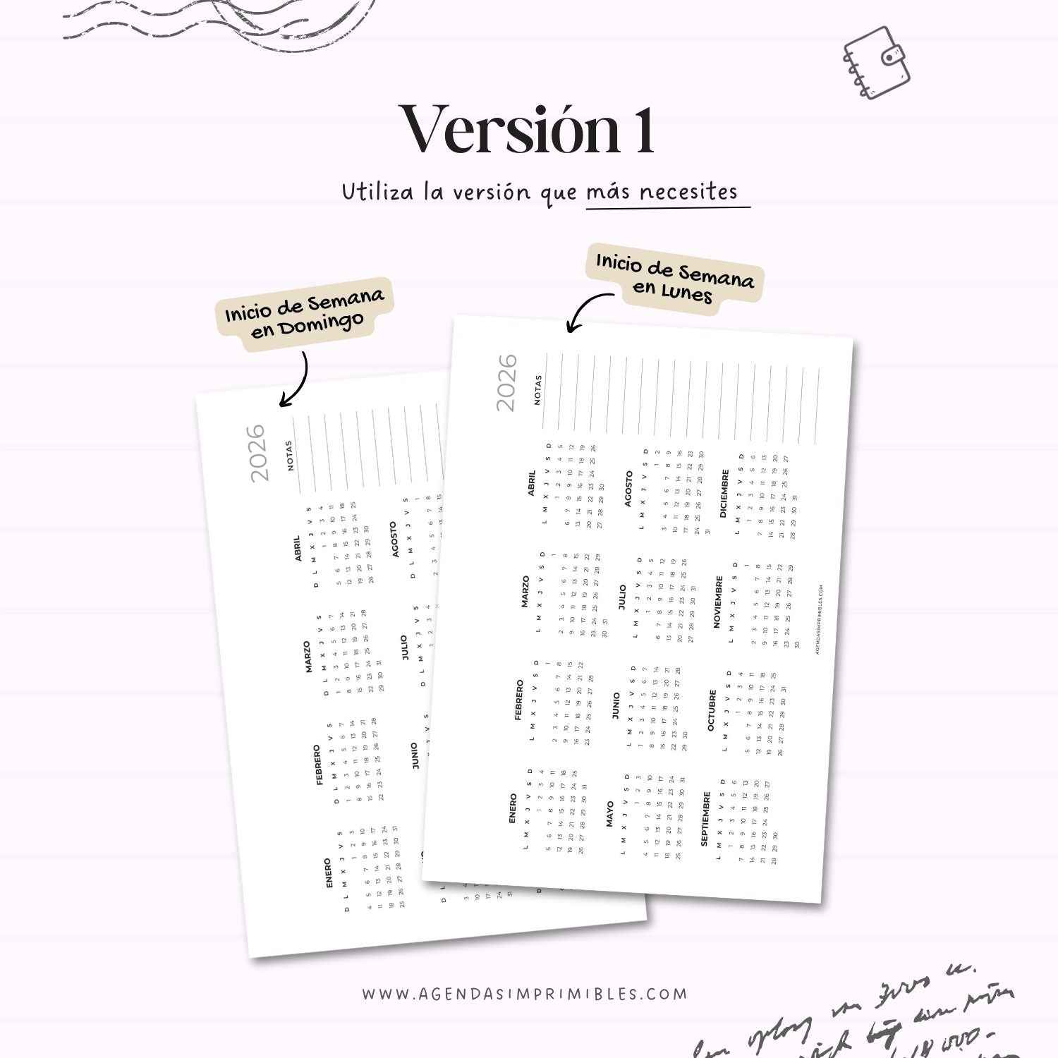 Calendario 2026 Anual Horizontal con Notas