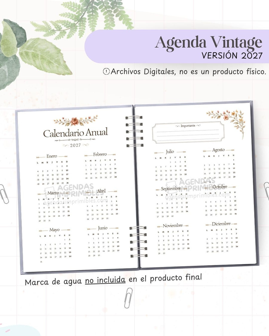 Agenda Vintage 2027 - Archivo Imprimible