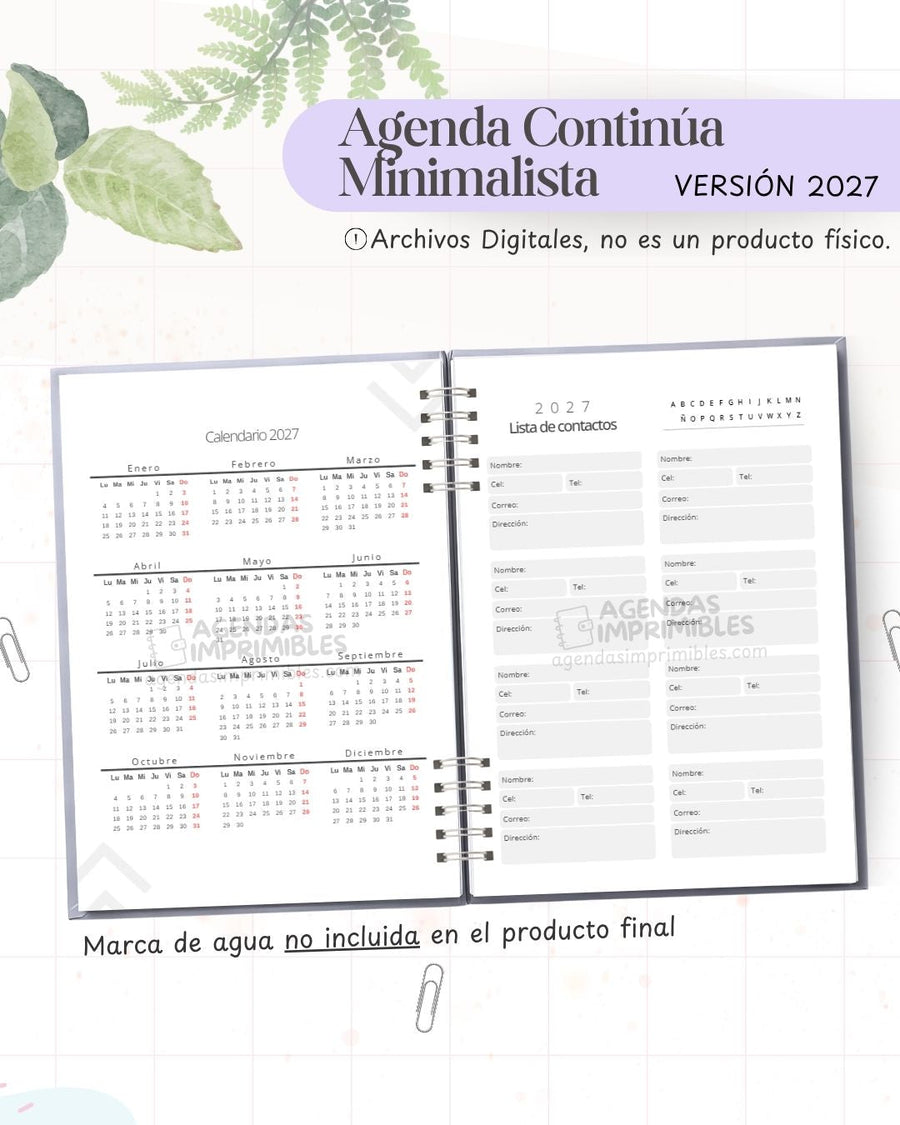Agenda Minimalista Continua 2027 - Archivo Imprimible