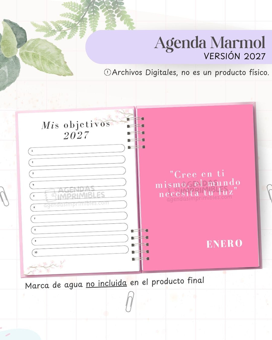 Agenda Mármol Rosa 2027 - Archivo Imprimible