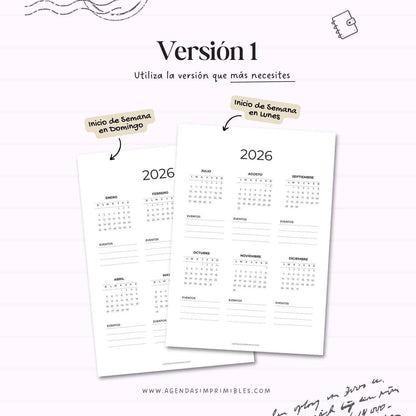 Calendario 2026 Anual Doble con Notas
