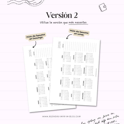 Calendario 2026 Anual Horizontal con Notas