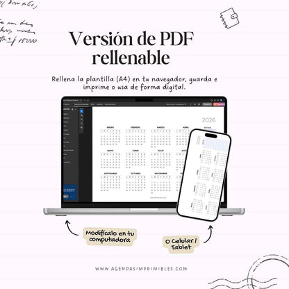 Calendario 2026 Anual Horizontal con Notas