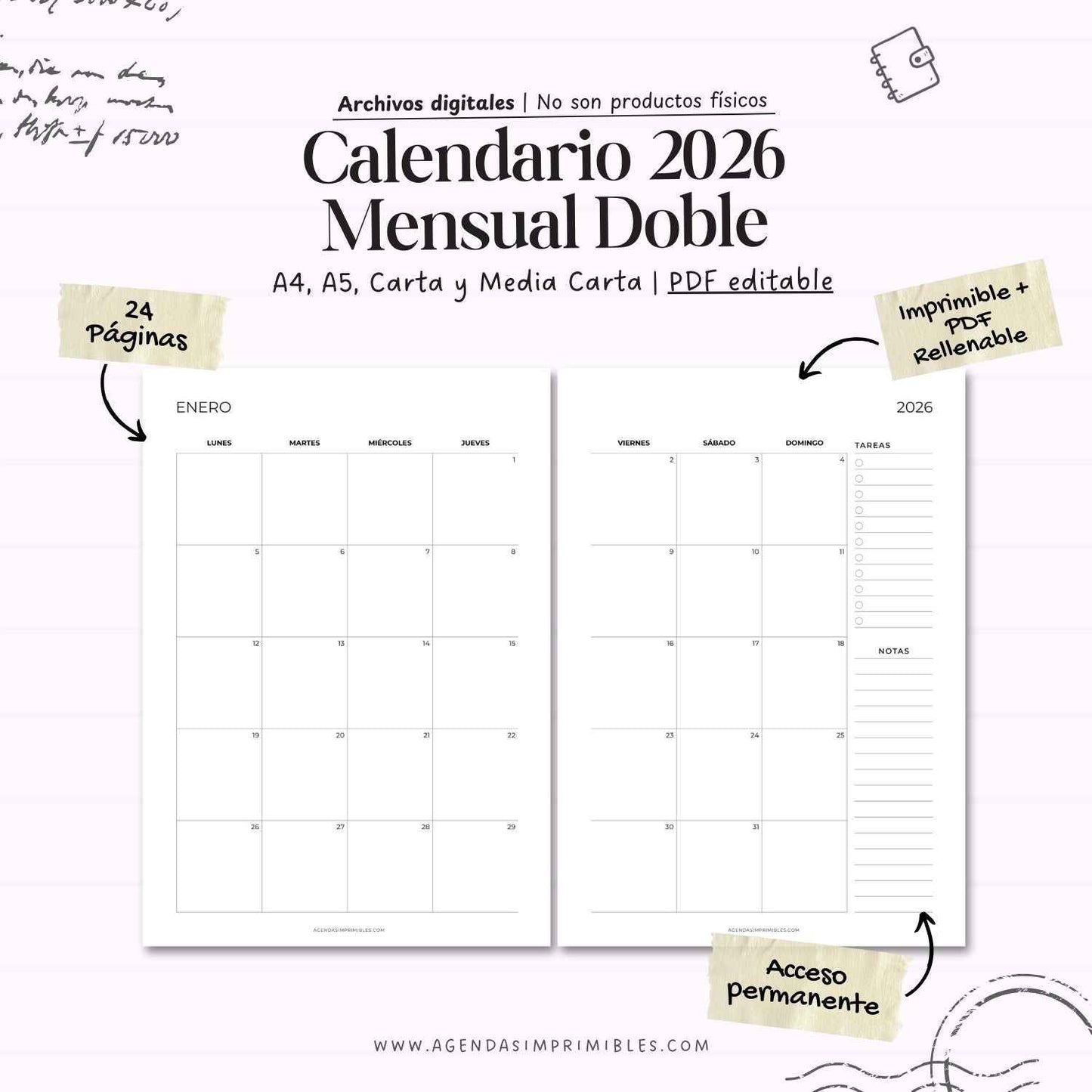 Calendario Mensual 2026 Doble