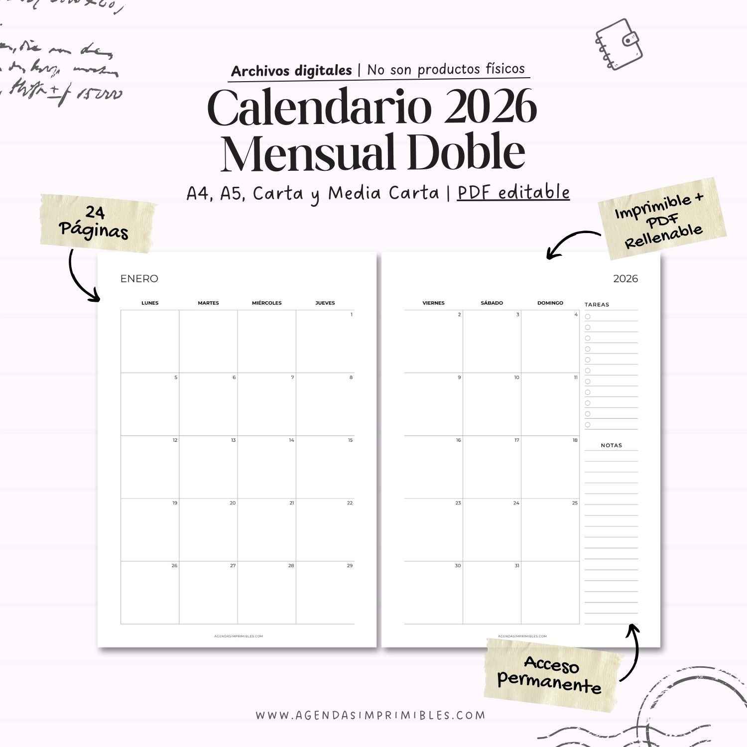 Calendario Mensual 2026 Doble