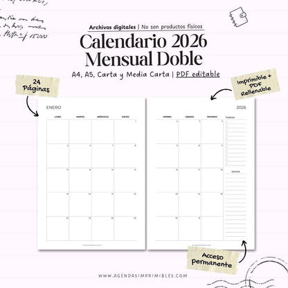 Calendario Mensual 2026 Doble