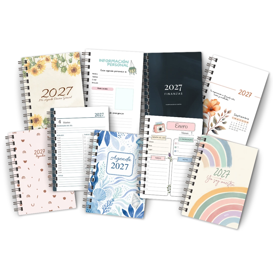 Portadas e interiores de agendas 2027 incluidas en el pack